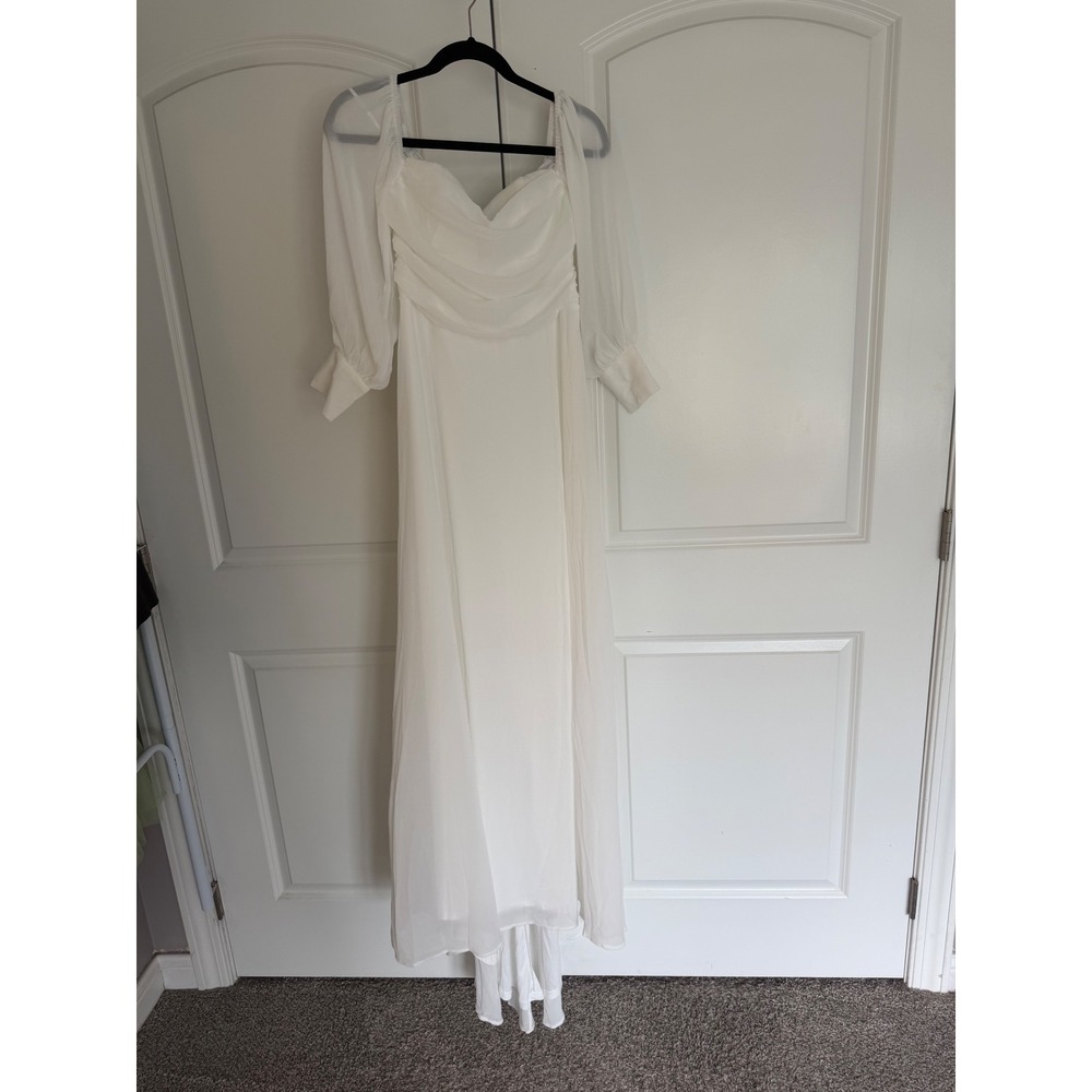 Lulu's Ivory Off-Shoulder Chiffon Wedding Gown